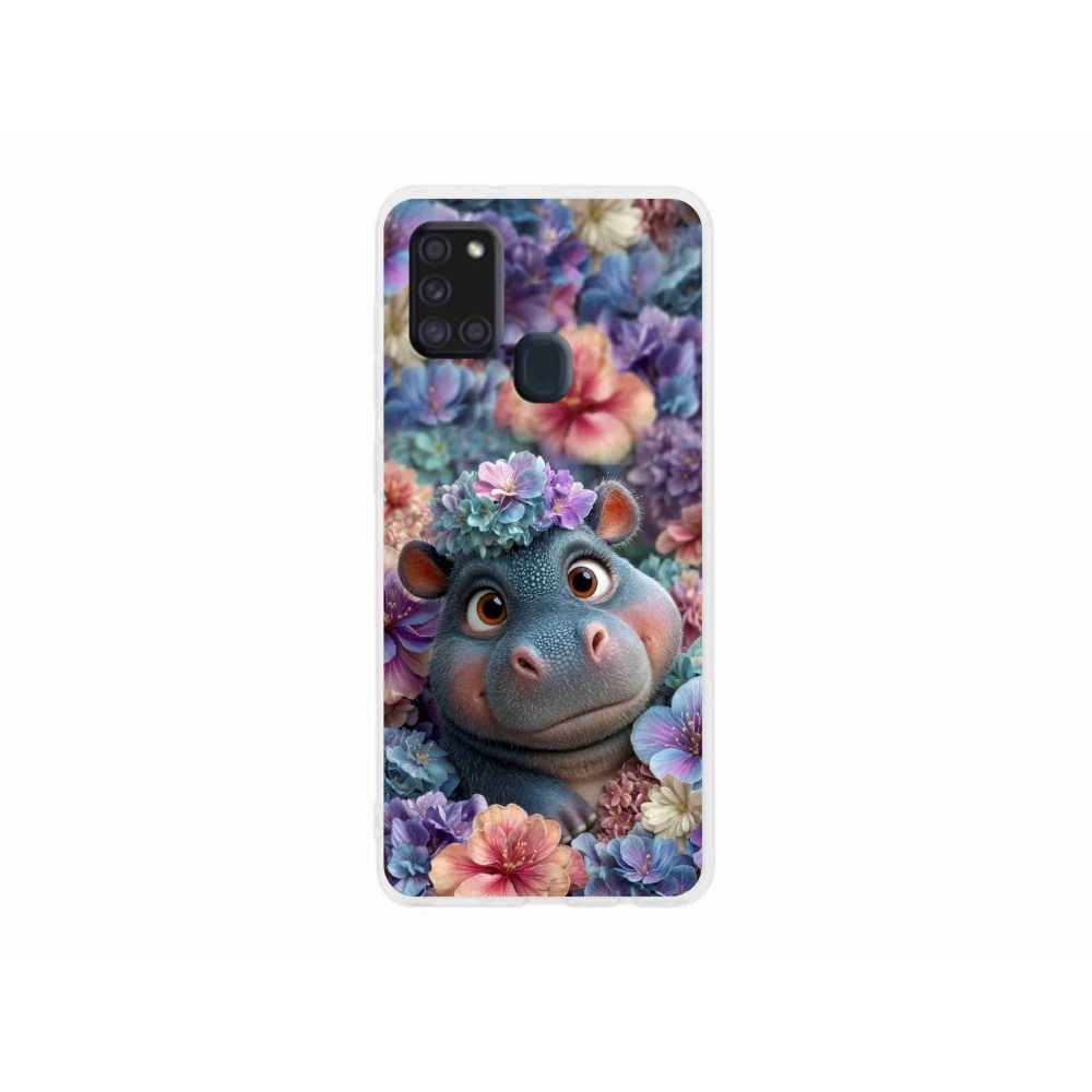 Zselés borítás mmCase Samsung Galaxy A21s készülékhez - víziló virágokban