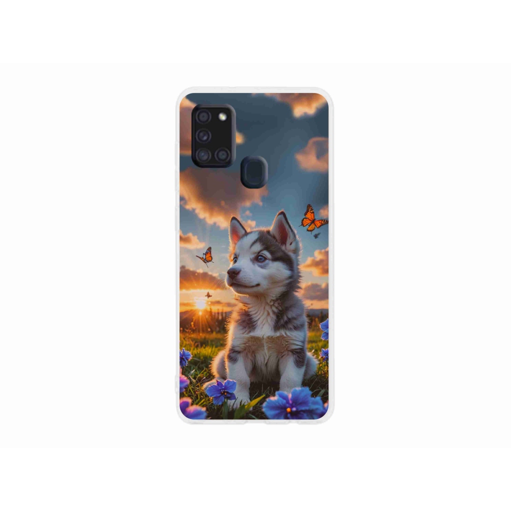 Gél borítás mmCase Samsung Galaxy A21s készülékhez - husky a naplementében