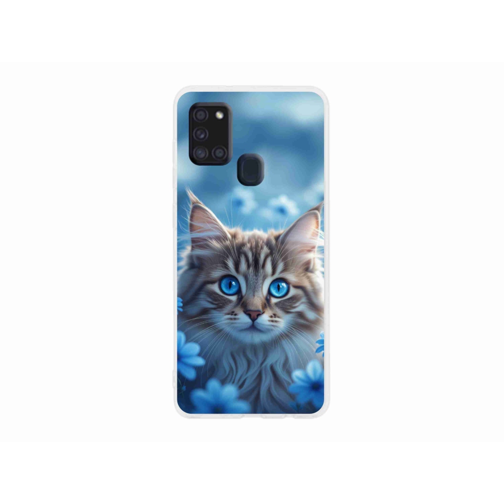 Gél védőhuzat mmCase Samsung Galaxy A21s készülékhez - cica kék virágokkal