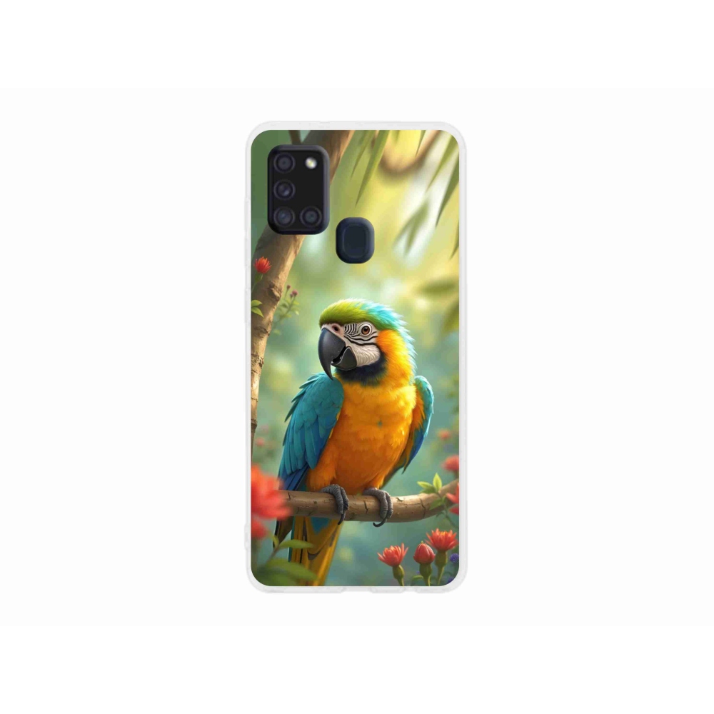 Zselés borítás mmCase Samsung Galaxy A21s készülékhez - papagáj ara kék és sárga