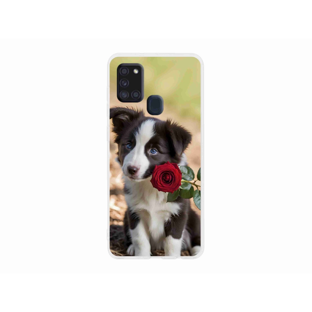 Gél borítás mmCase Samsung Galaxy A21s készülékhez - aranyos border collie rózsával