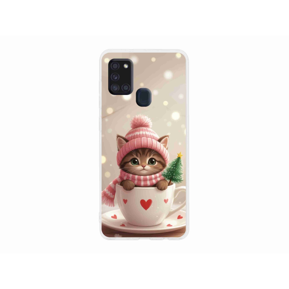 Gél borítás mmCase Samsung Galaxy A21s készülékhez - Karácsonyi cica a csészében