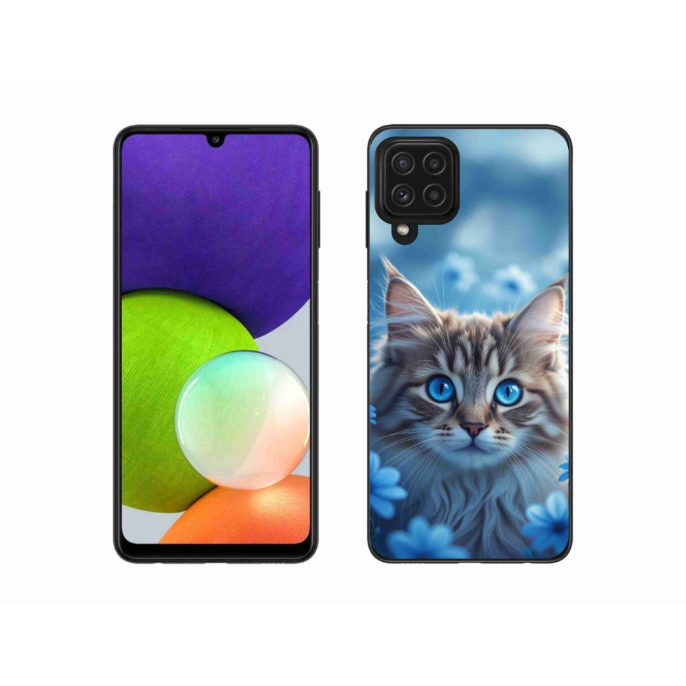 Gél védőhuzat mmCase Samsung Galaxy A22 4G - cica kék virágokkal