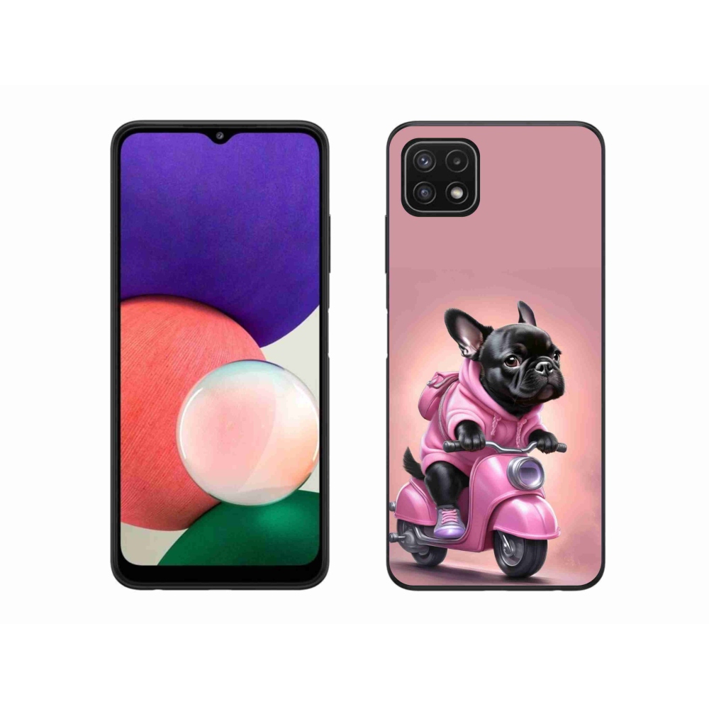 Gél borítás mmCase Samsung Galaxy A22 5G - Francia bulldog egy robogón