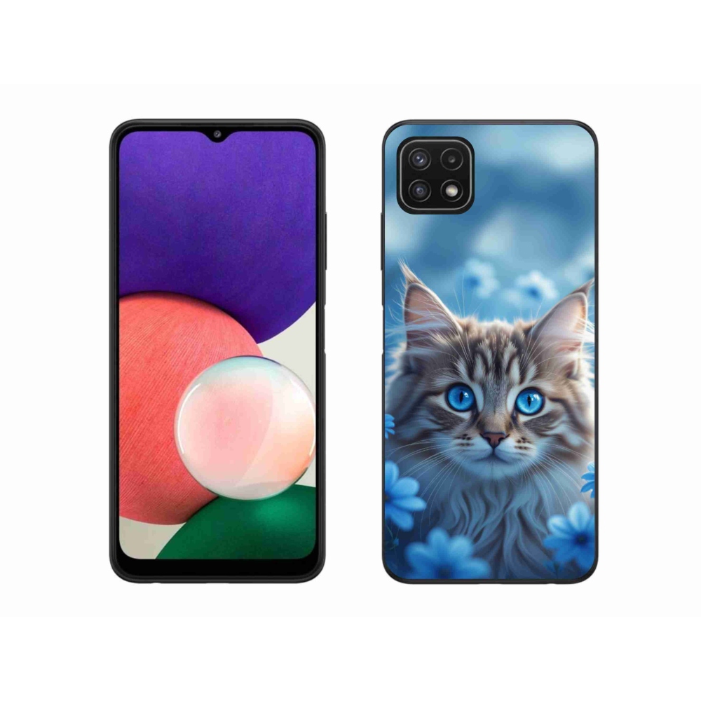 Gél védőhuzat mmCase Samsung Galaxy A22 5G - cica kék virágokkal
