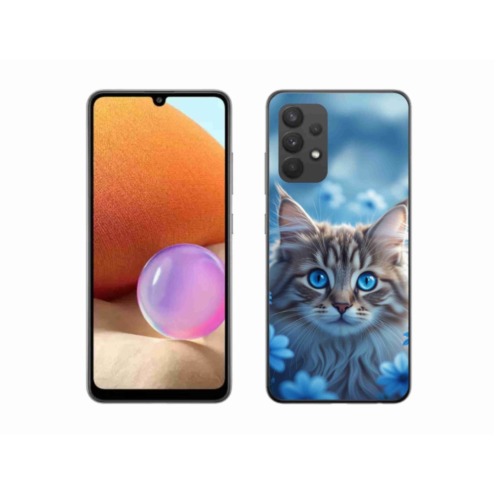 Gél védőhuzat mmCase Samsung Galaxy A32 4G - cica kék virágokkal