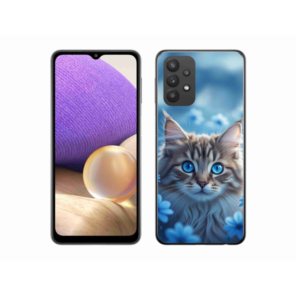 Gél védőhuzat mmCase Samsung Galaxy A32 5G - cica kék virágokkal