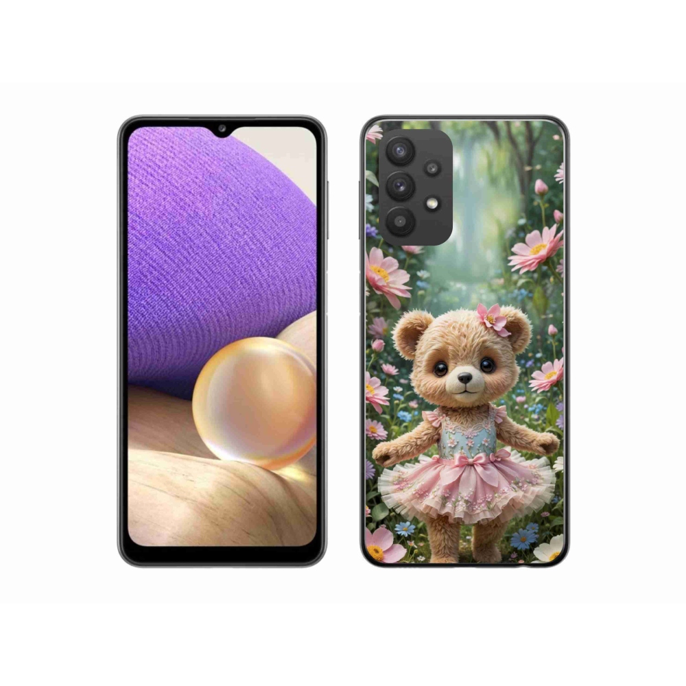 Gél borító mmCase Samsung Galaxy A32 5G - aranyos virágos mackó mmCase Samsung Galaxy A32 5G - aranyos mackó virágokkal
