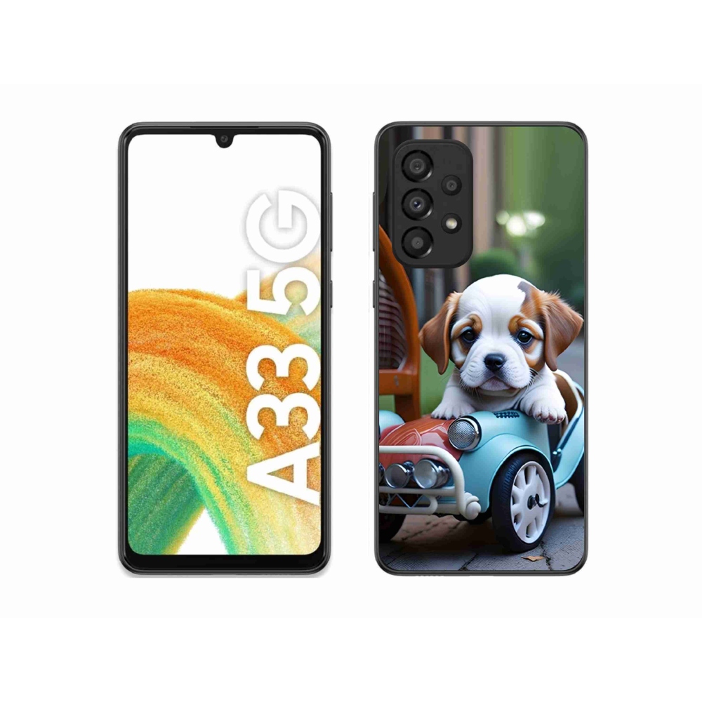 Gél borítás mmCase Samsung Galaxy A33 készülékhez - kiskutya egy retro autóban