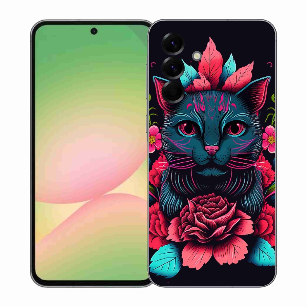Gél borítás mmCase Samsung Galaxy A57 5G - virágok és macska