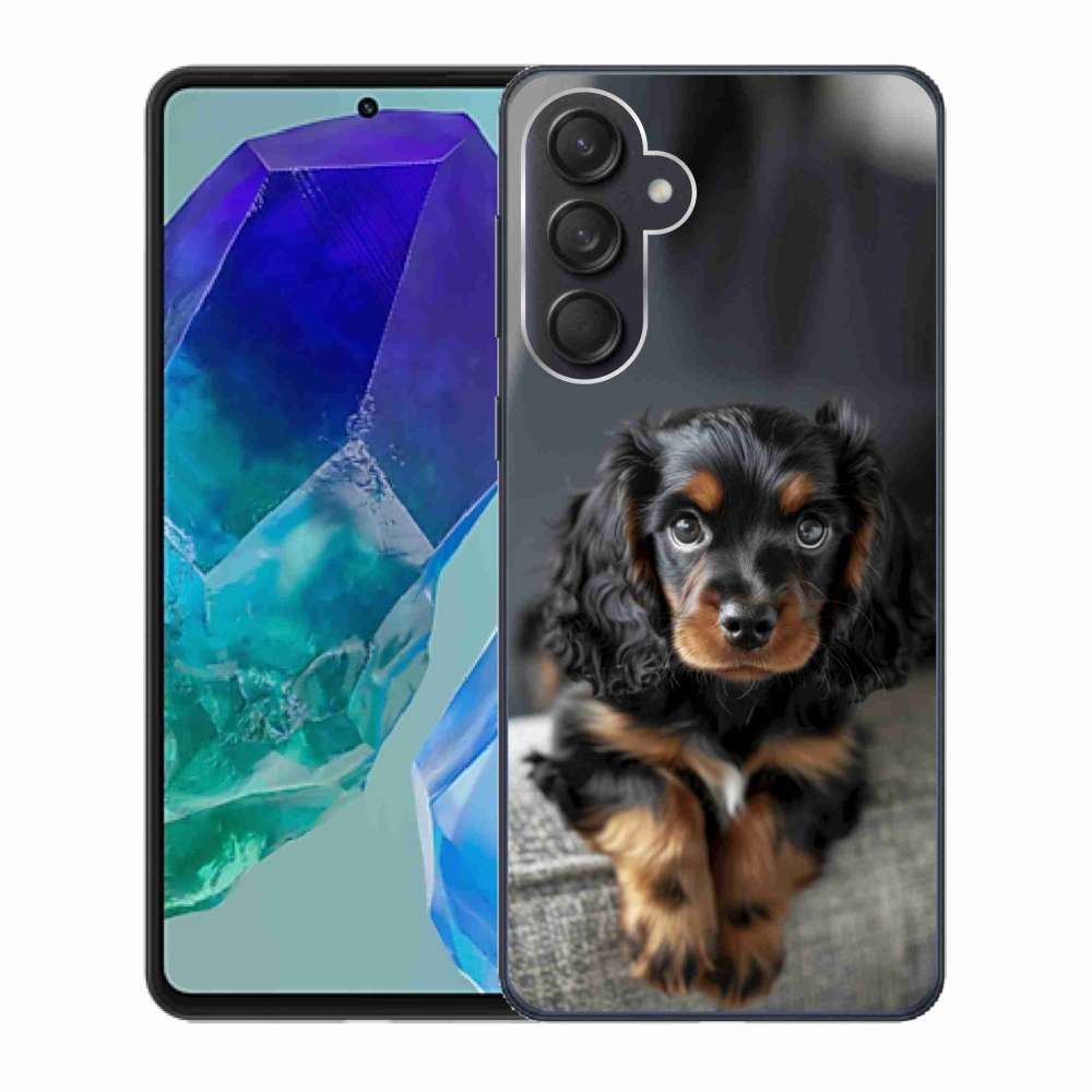 Gél borítás mmCase Samsung Galaxy M55 5G - aranyos hosszú szőrű tacskóhoz