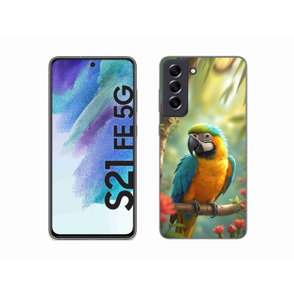 Zselés borítás mmCase Samsung Galaxy S21 FE 5G - papagáj ara kék és sárga