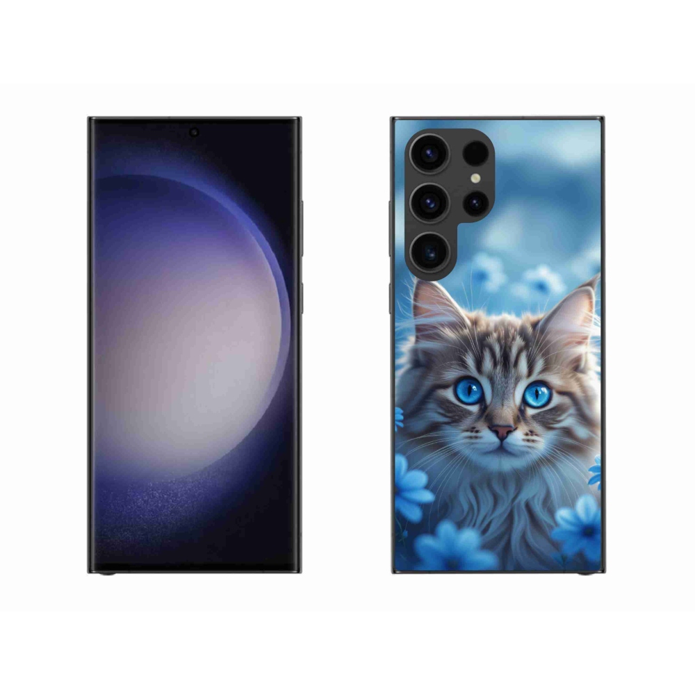 Gél védőhuzat mmCase Samsung Galaxy S23 Ultra 5G - kék virágos cica Samsung Galaxy S23 Ultra 5G-hez