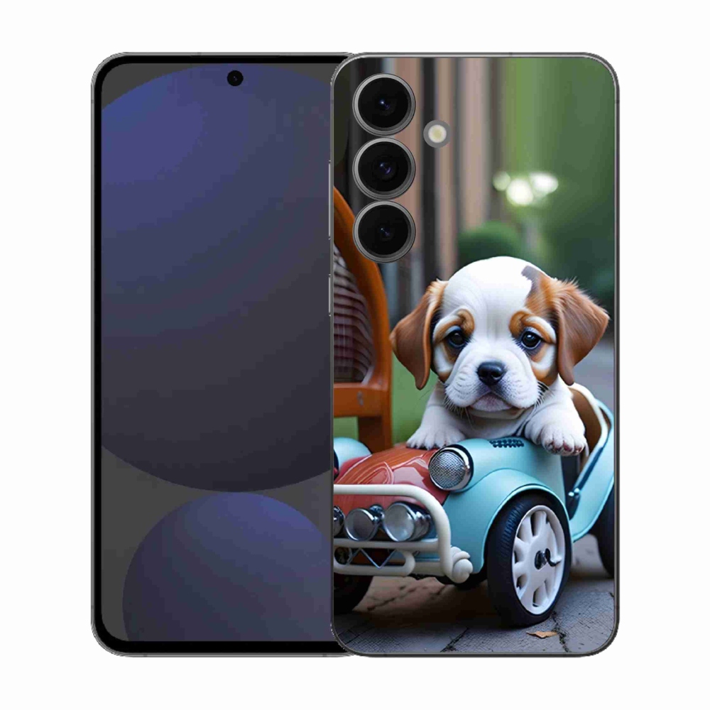Gél borítás mmCase Samsung Galaxy S25 FE - kiskutya retro autóban