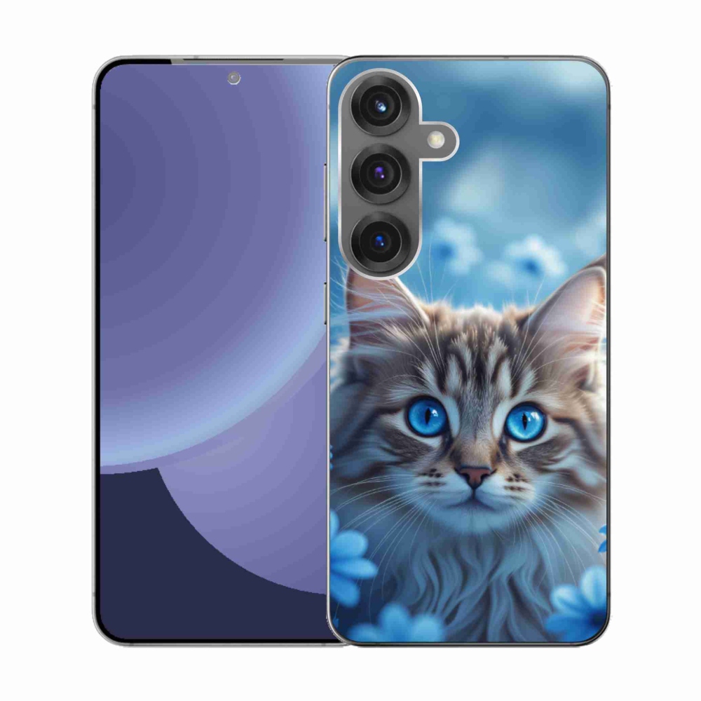 Gél védőhuzat mmCase Samsung Galaxy S25 készülékhez - cica kék virágokkal