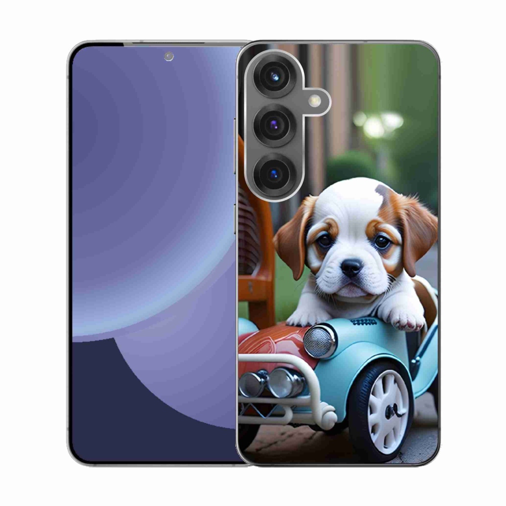 Gél borítás mmCase Samsung Galaxy S25 készülékhez - kiskutya egy retro autóban