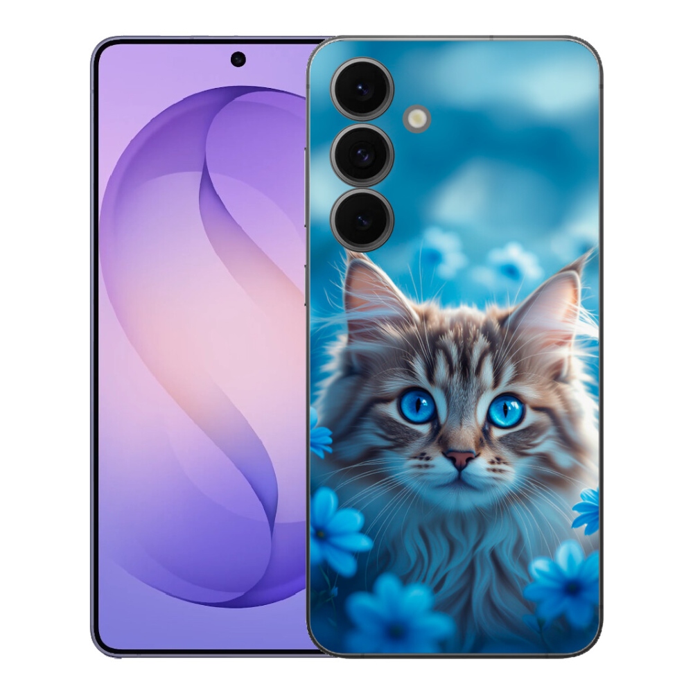 mmCase gél tok a Samsung Galaxy S26 FE-hez – kiscica kék virágok között