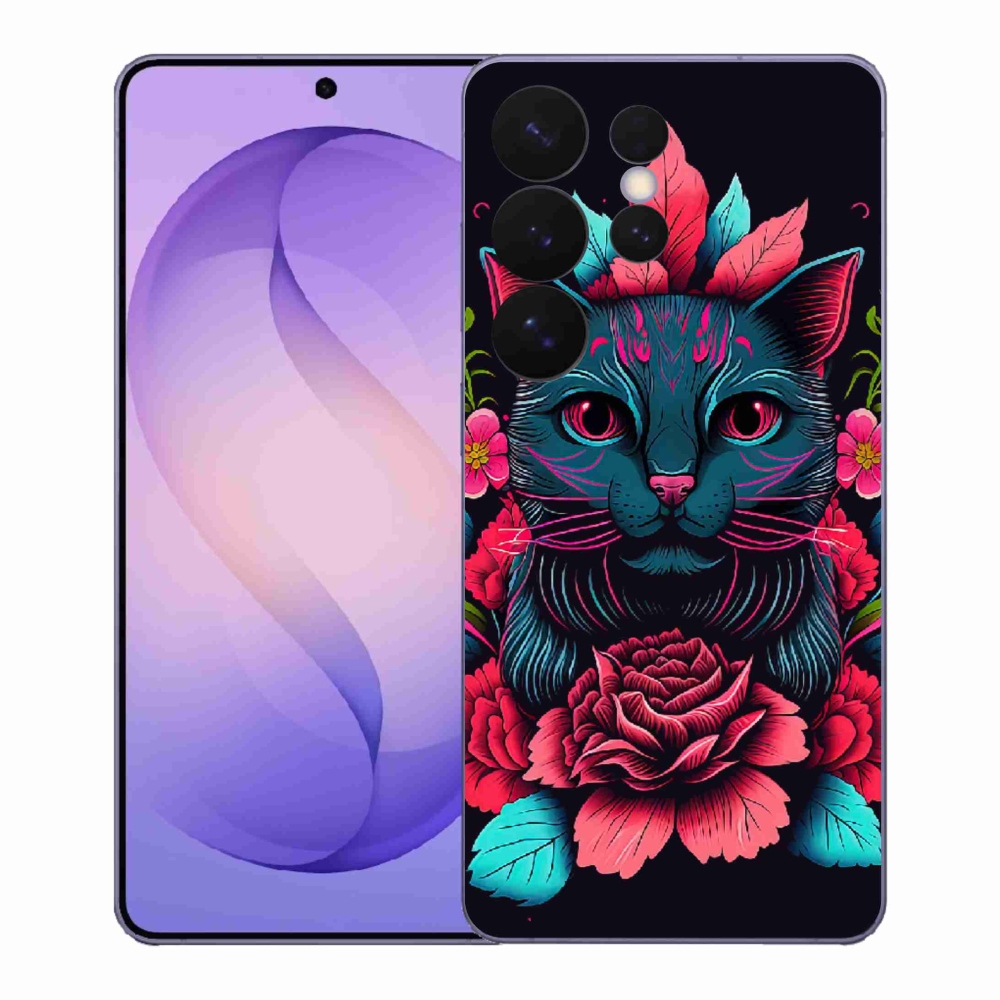 Gél borítás mmCase Samsung Galaxy S26 Ultra - virágok és macska