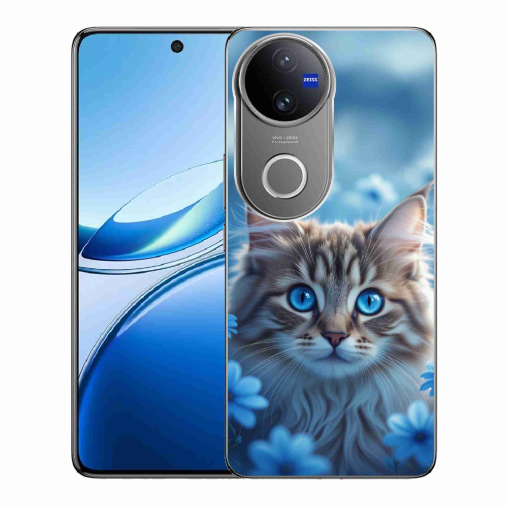 mmCase gél tok a Vivo V50 5G-hez – kiscica kék virágok között