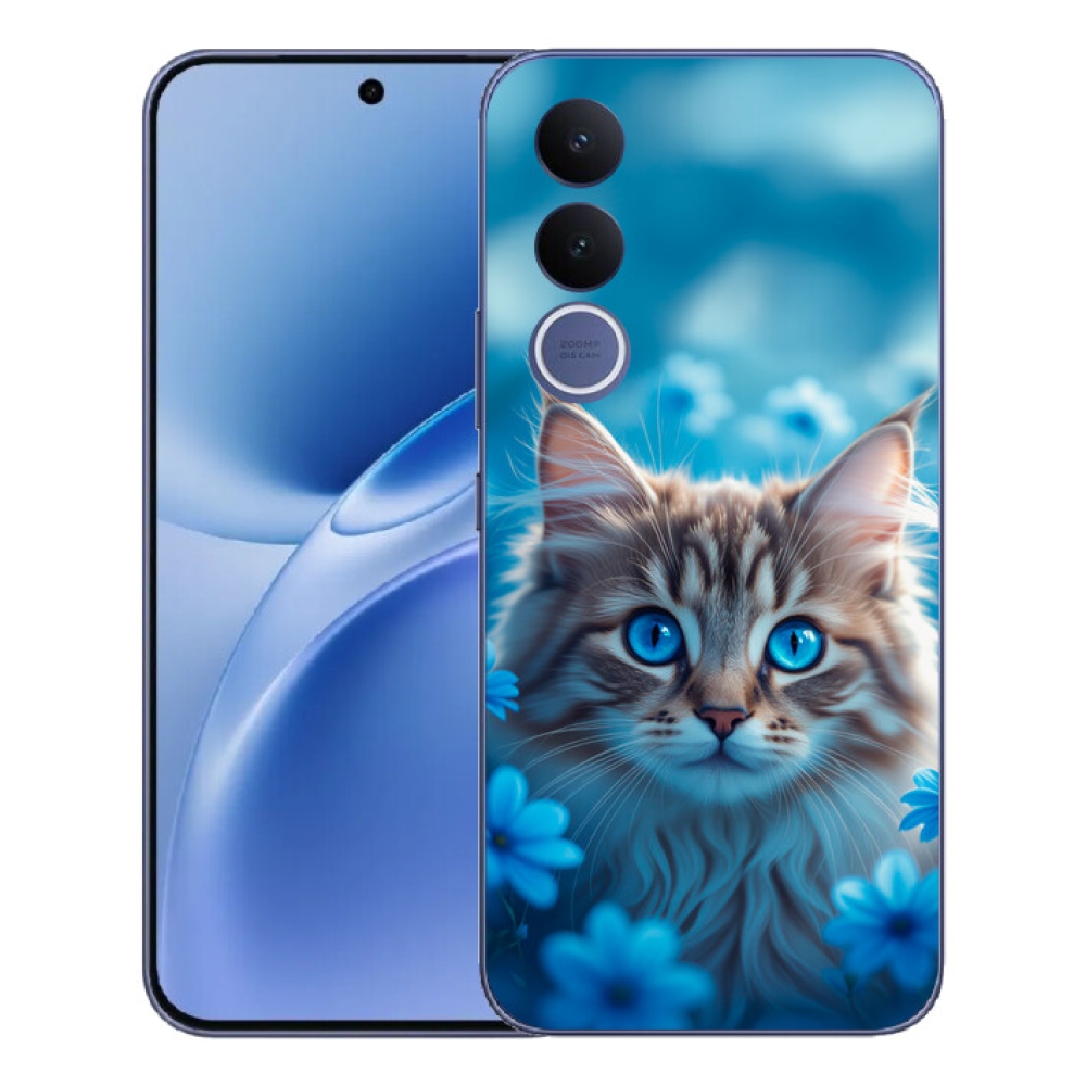 mmCase gél tok a Vivo V70 FE-hez – kiscica kék virágokkal