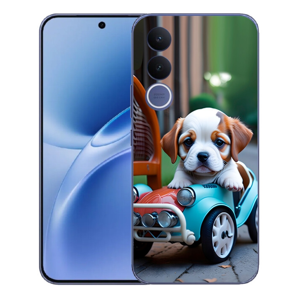 mmCase géltok a Vivo V70 FE-hez – kiskutya egy retro autóban