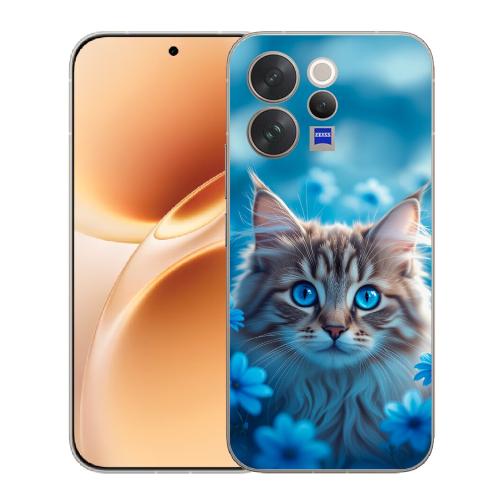 mmCase gél tok a Vivo V70-hez – kiscica kék virágok között