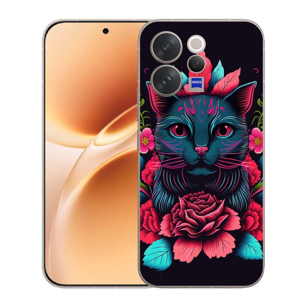 mmCase gél tok a Vivo V70-hez – virágok és macska