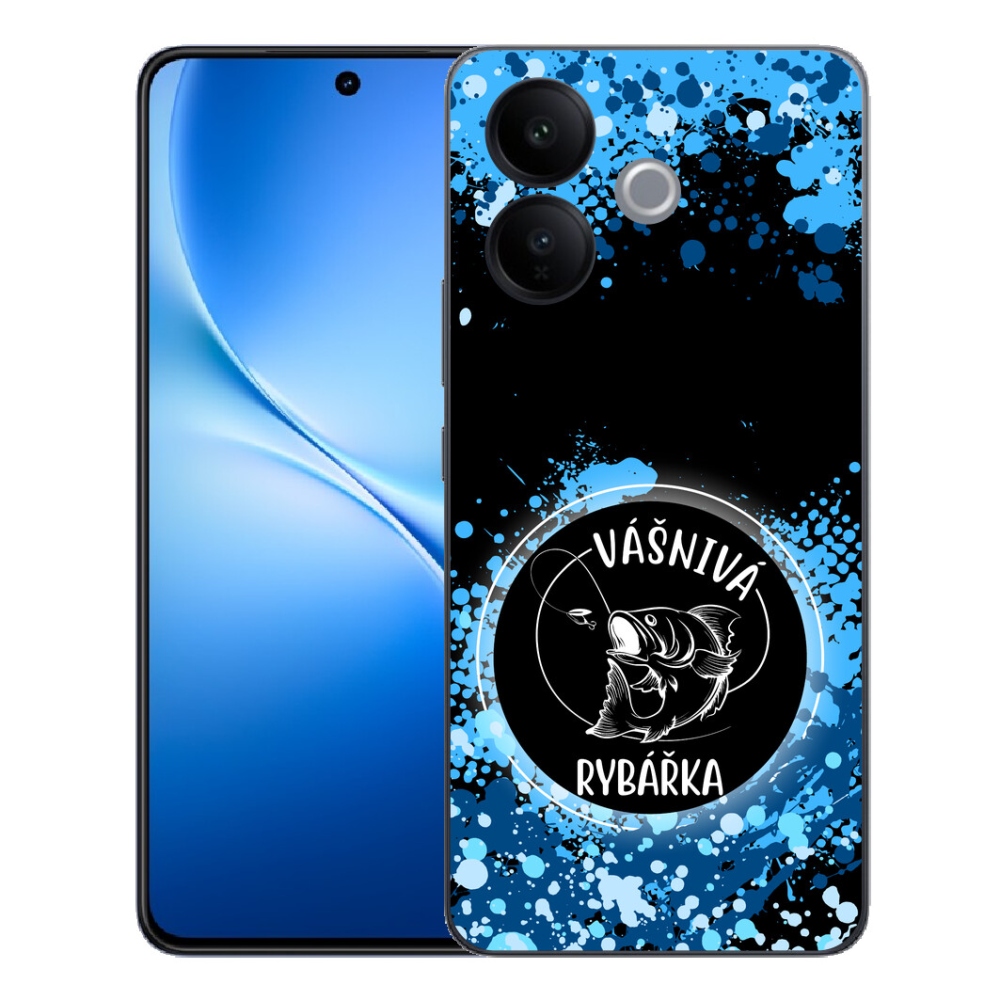 mmCase géltok a Vivo V70 Lite 5G-hez – szenvedélyes horgásznő, fekete háttérrel