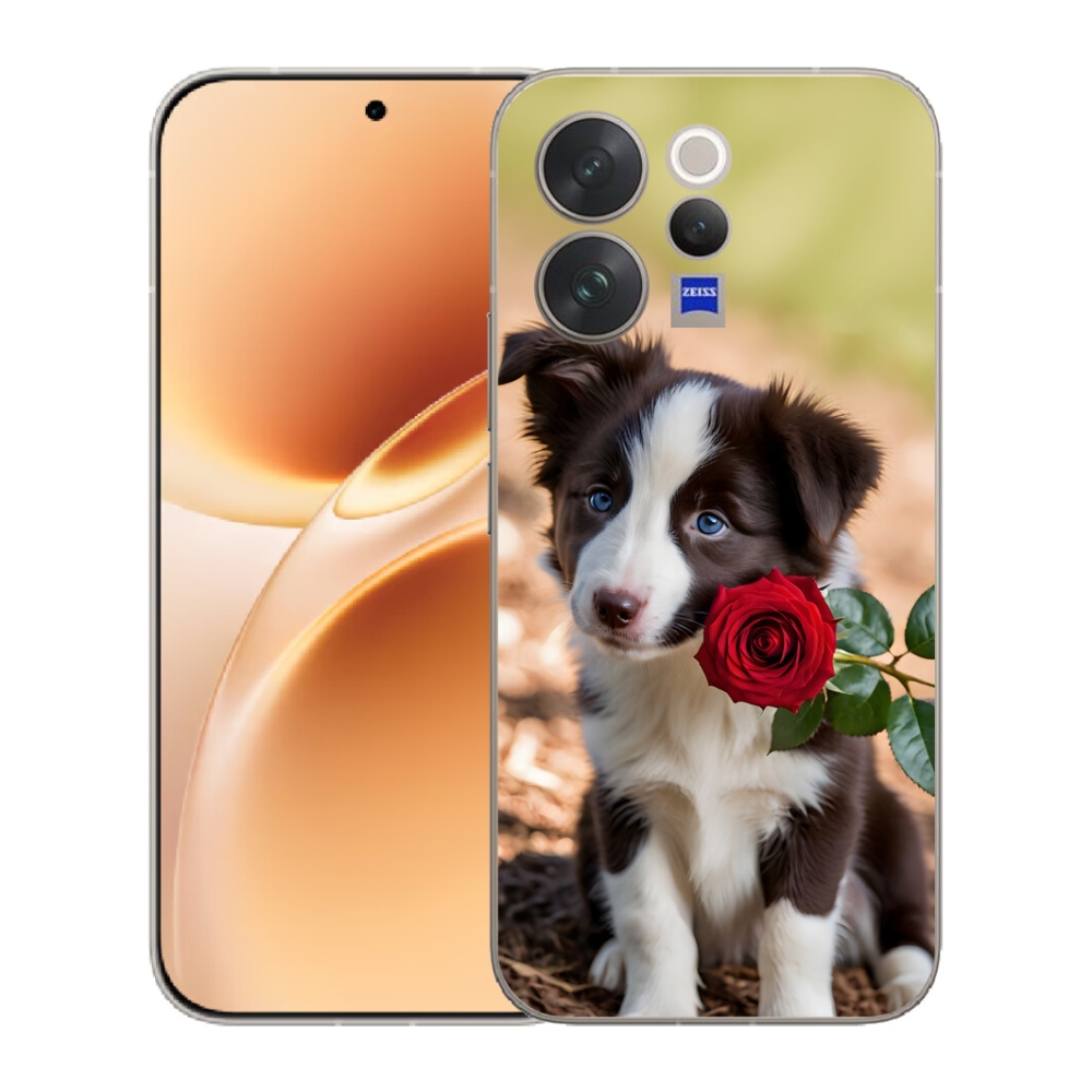 mmCase gél tok a Vivo V70-hez – aranyos border collie rózsával