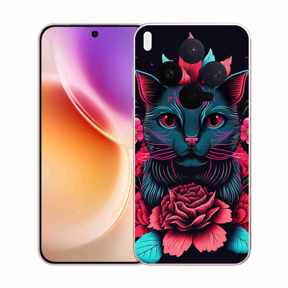 Zselés borító mmCase a Vivo X300-hoz - virágok és macska