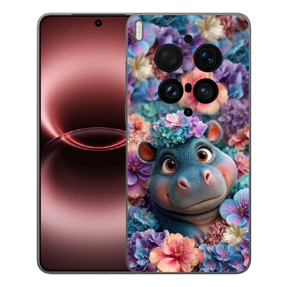 mmCase gélhuzat a Vivo X300 Ultra-hoz – virágokkal díszített kis víziló