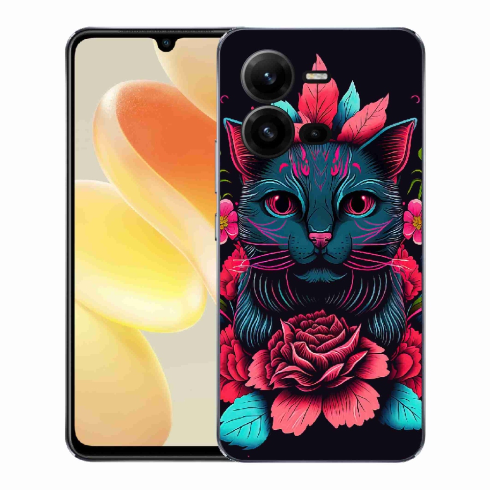 Gél borító mmCase a Vivo X80 Lite-hoz - virágok és macska