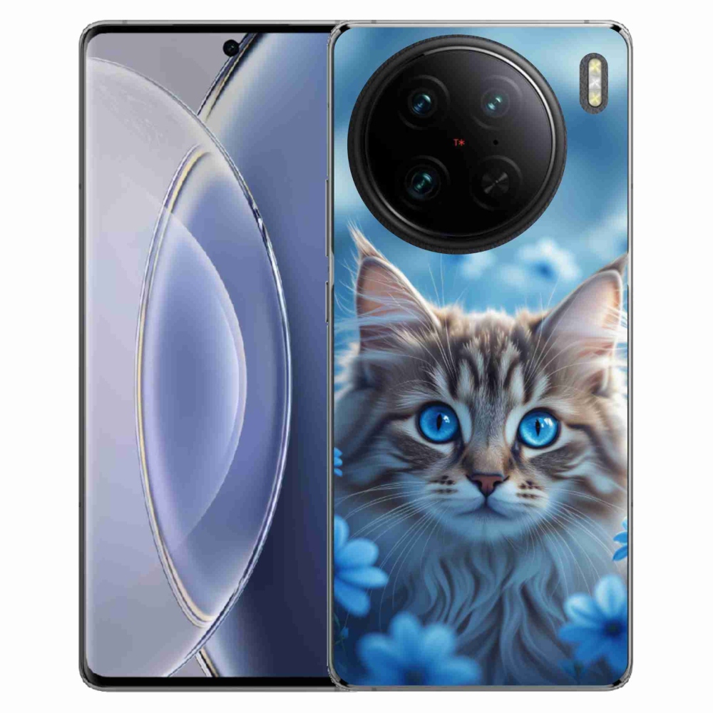 mmCase gél tok a Vivo X90 Pro-hoz – kiscica kék virágok között