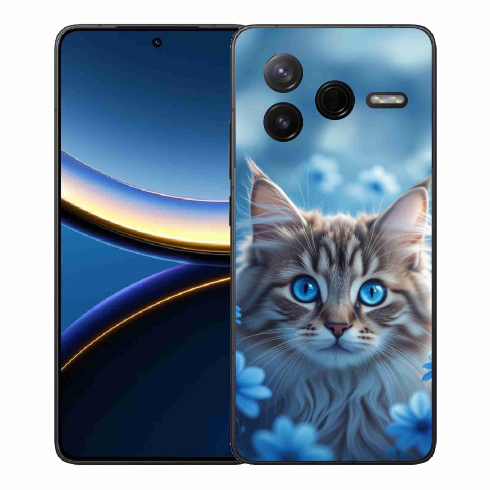 Gél borítás mmCase a Xiaomi Poco F7 Pro számára - cica kék virágokkal