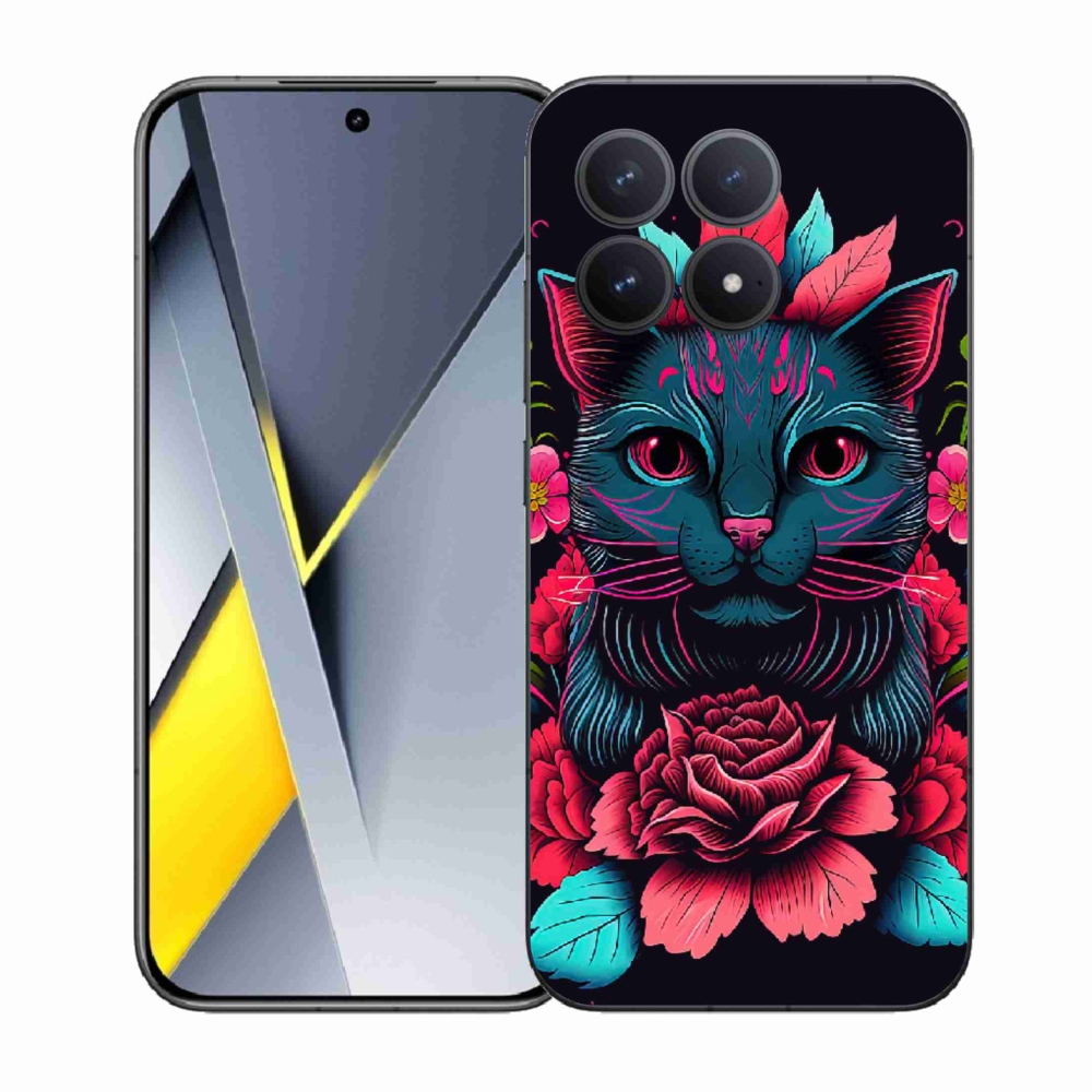 Gél borító mmCase a Xiaomi Poco F8 Pro számára - virágok és macska