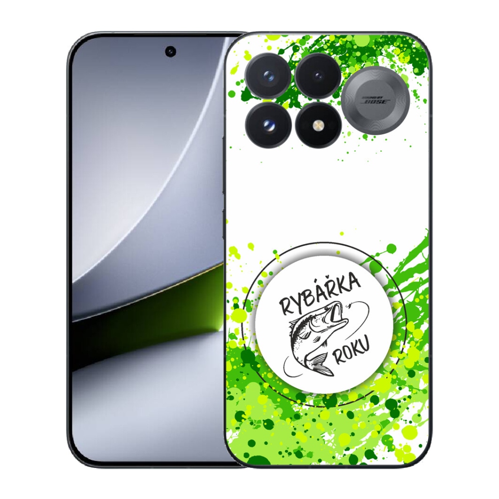 mmCase géltok a Xiaomi Poco F9 Pro 5G-hez – „Az év horgásznője” fehér háttérrel