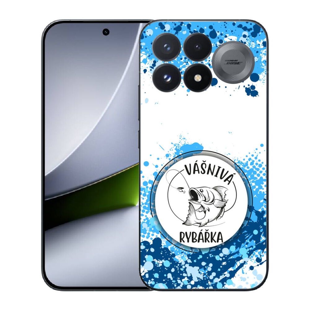 mmCase géltok a Xiaomi Poco F9 Pro 5G-hez – szenvedélyes horgász, fehér háttérrel