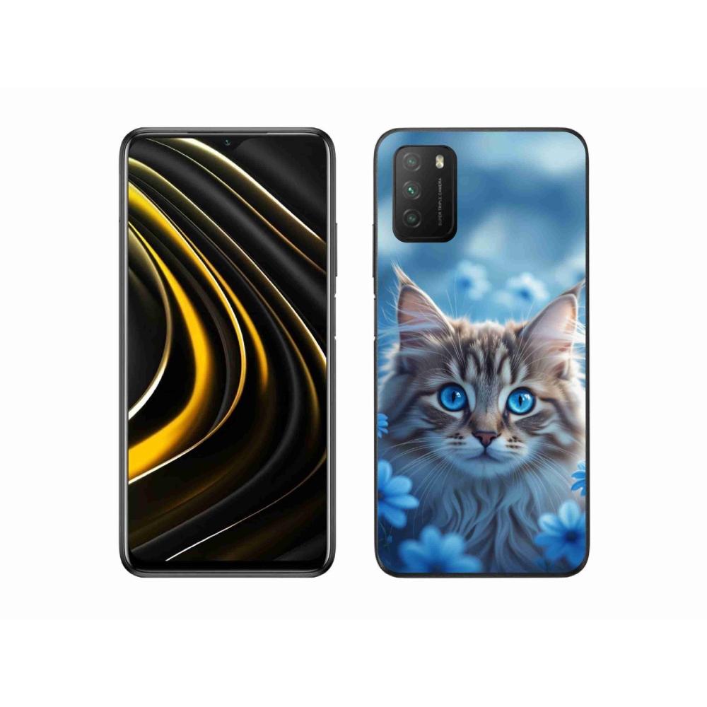 Gél borító mmCase a Xiaomi Poco M3-hoz - kék virágos cica