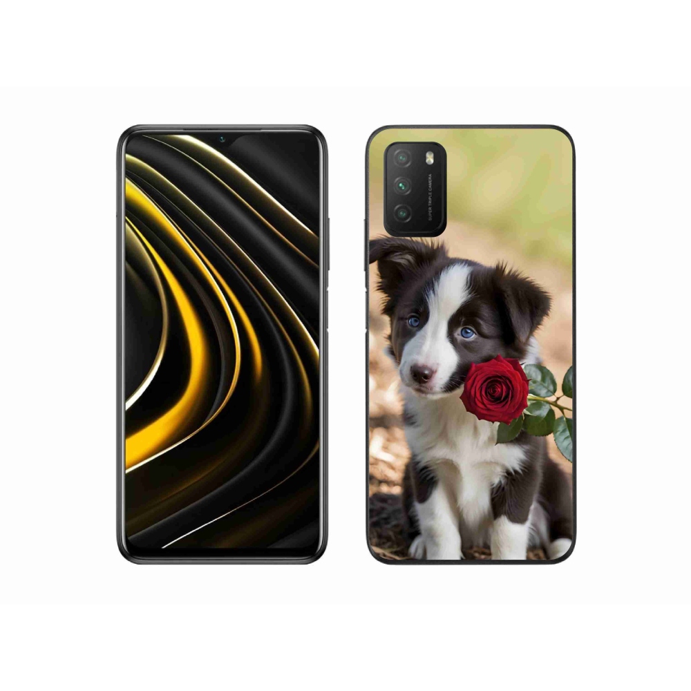 Gél borító mmCase a Xiaomi Poco M3-hoz - aranyos border collie rózsával
