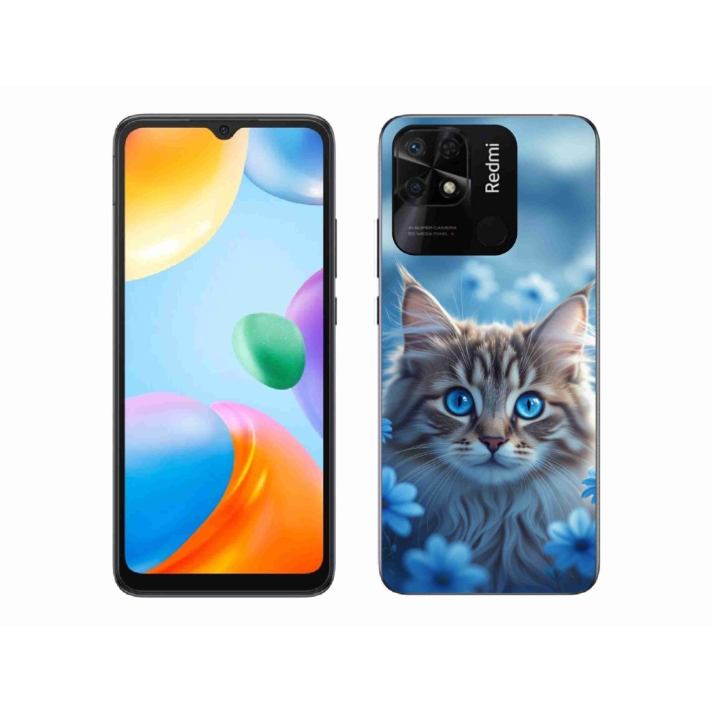 Gél borító mmCase a Xiaomi Redmi 10C-hez - cica kék virágokkal