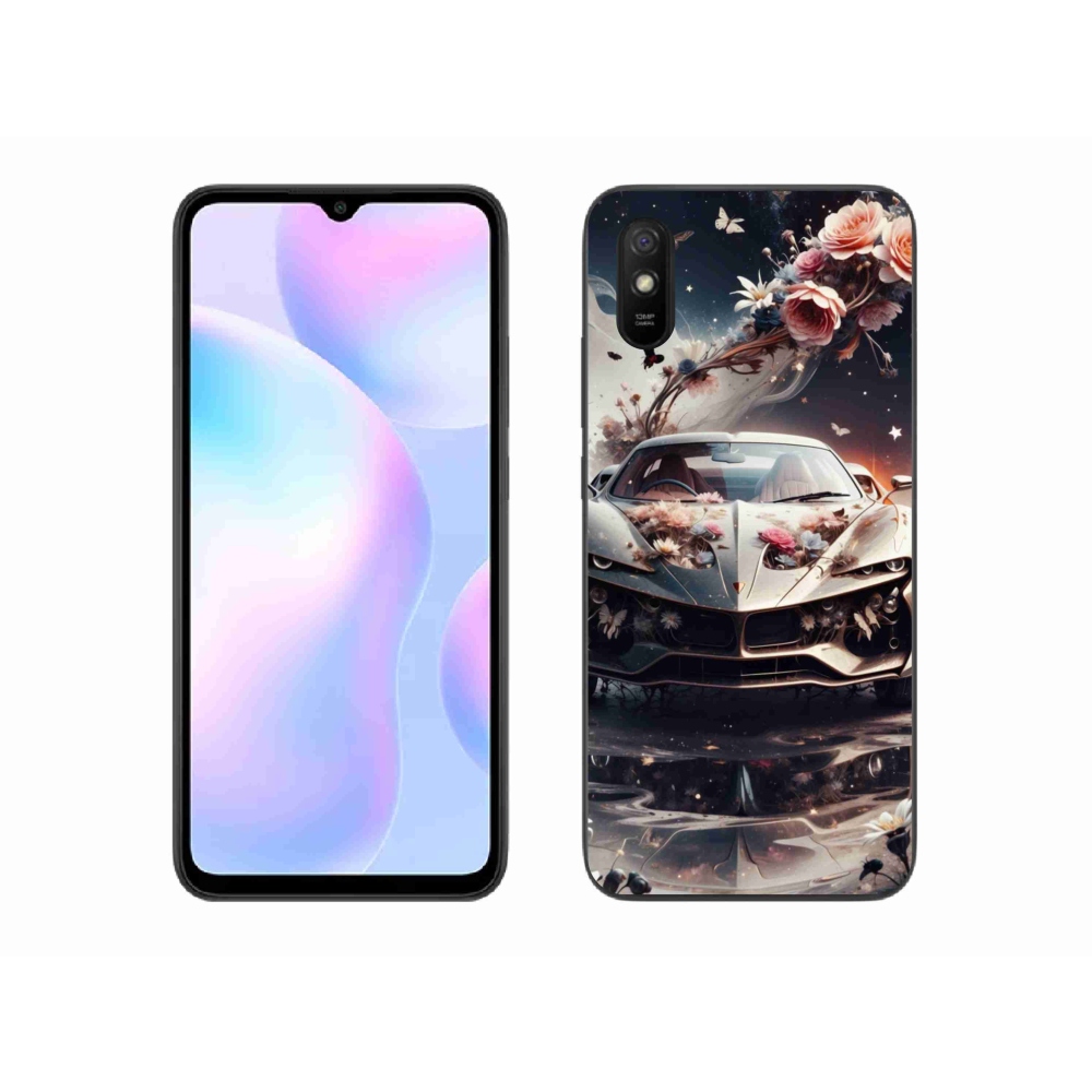 Gél borító mmCase a Xiaomi Redmi 9A számára - virágos sportkocsi