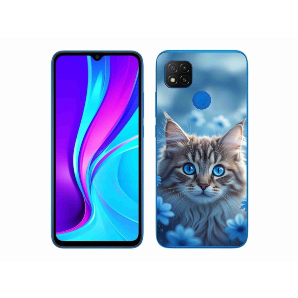 Gél borító mmCase a Xiaomi Redmi 9C-hez - cica kék virágokkal