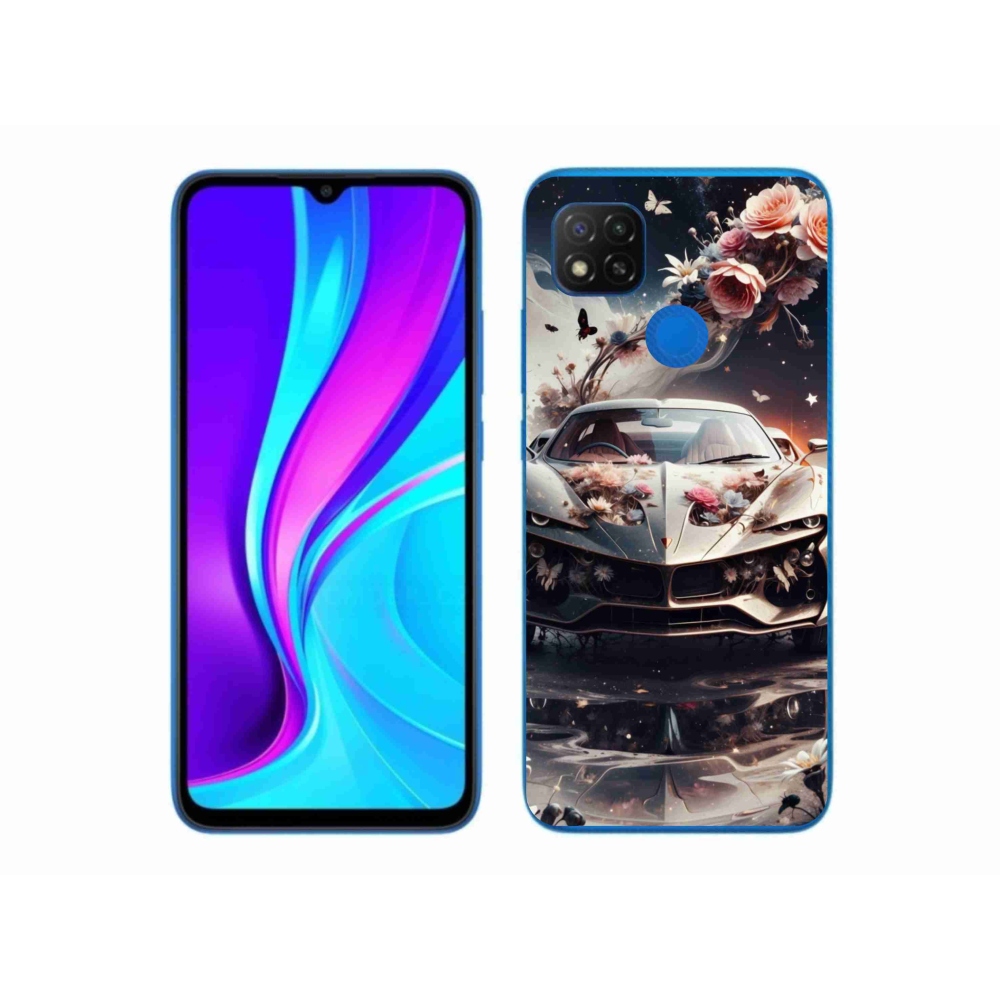 Gél borító mmCase a Xiaomi Redmi 9C-hez - virágos sportkocsi