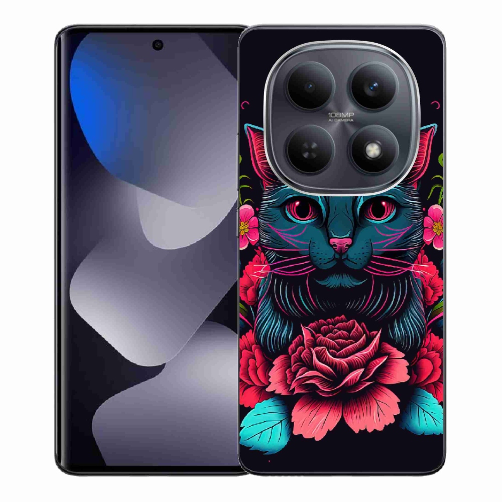 Gél borító mmCase a Xiaomi Redmi Note 15 4G-hez - virágok és macska
