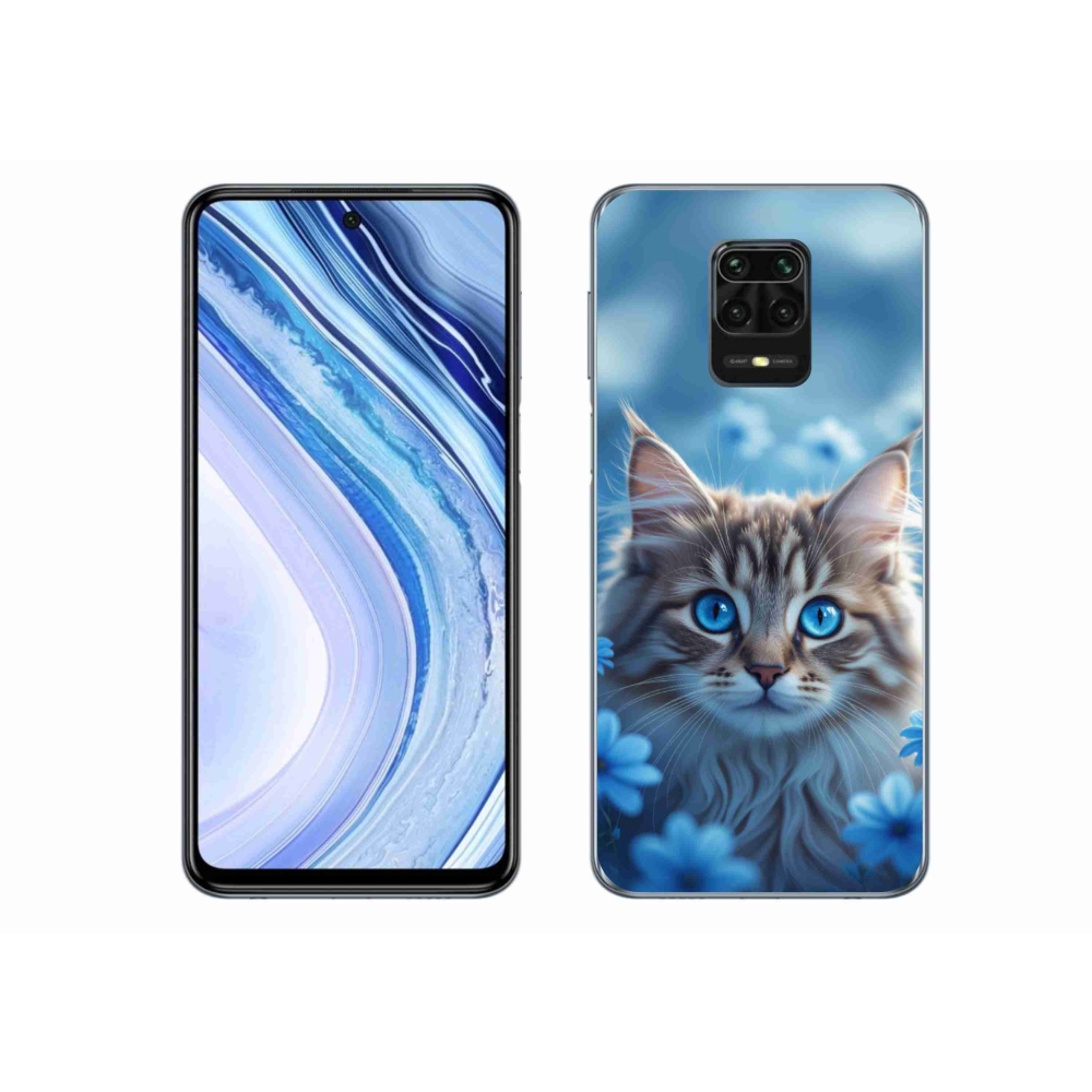 Gél borító mmCase a Xiaomi Redmi Note 9S-hez - cica kék virágokkal