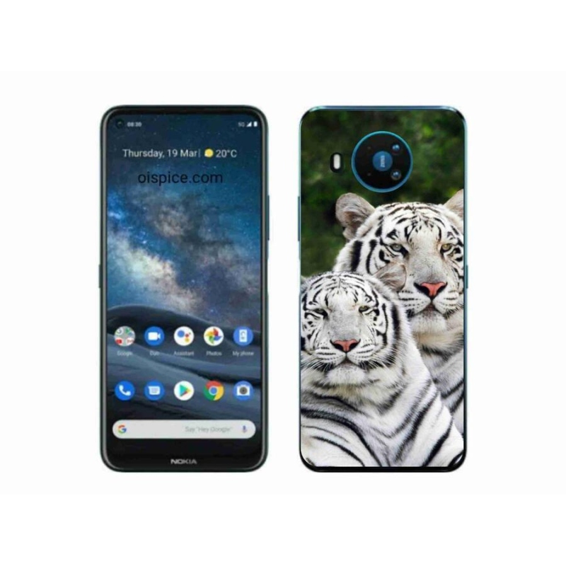 Gél tok mmCase a Nokia 8.3 5G készülékhez - fehér tigrisek