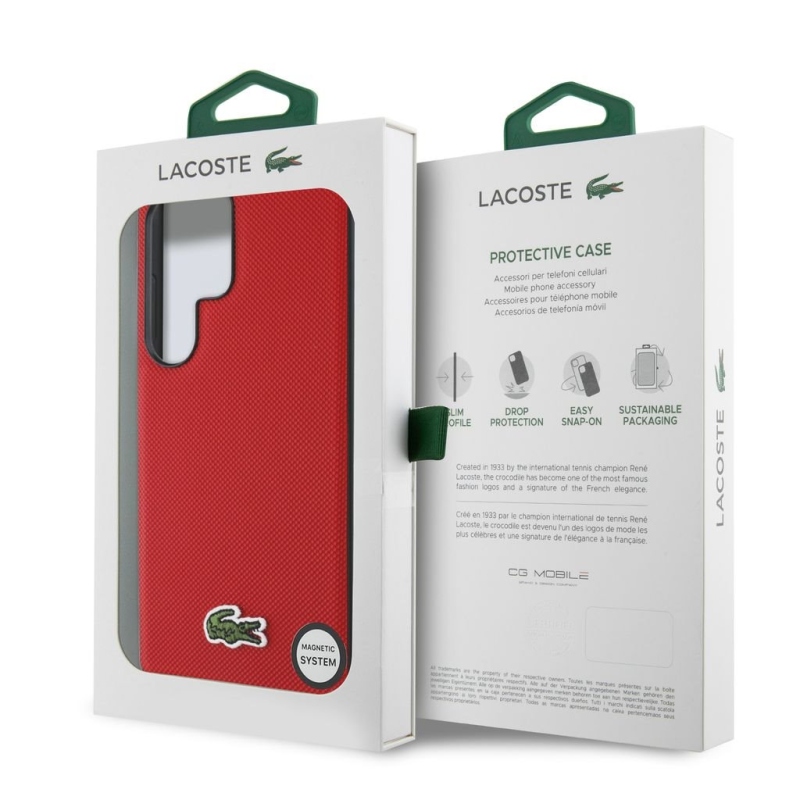 Lacoste Iconic Petit Pique szőtt logós MagSafe hátsó tok a Samsung Galaxy S25 Ultra-hoz, piros