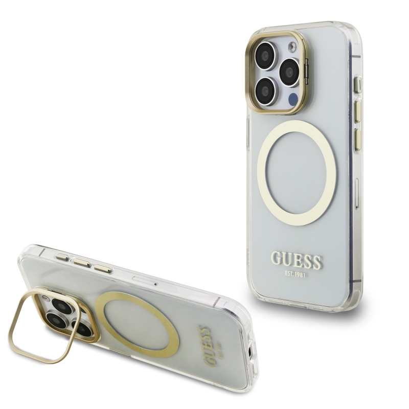 Guess IML Gold Outline Stand Kamera keret MagSafe hátlapi borító iPhone 15 Pro átlátszóhoz