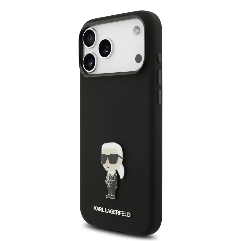 Karl Lagerfeld Folyékony szilikon fém Ikonik hátlap iPhone 17 Pro Max-hoz Fekete