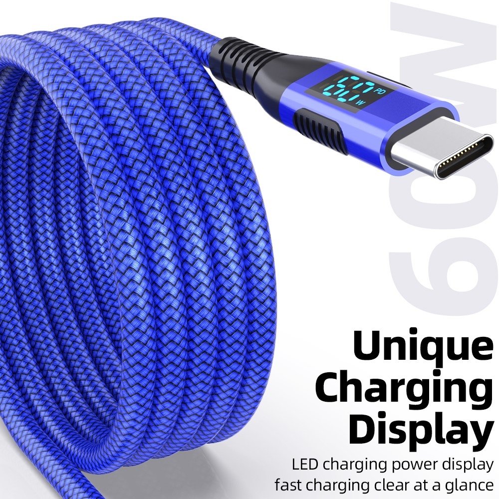 Nejlon USB-C / USB-C kijelzőkábellel 3m 60W - kék